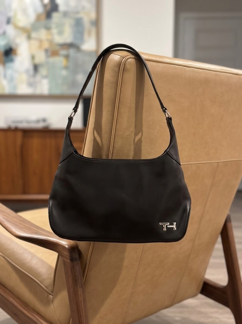 Tommy Hilfiger Dark Brown Leather Shoulder Hobo with Silver TH Logo